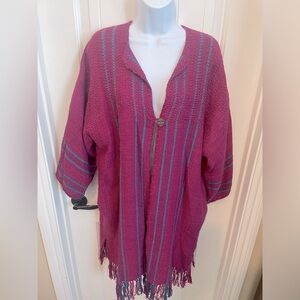 Leonora Hand Woven Fuchsia w/ Turquoise Kaftan with Fringed Hem and Side Pockets